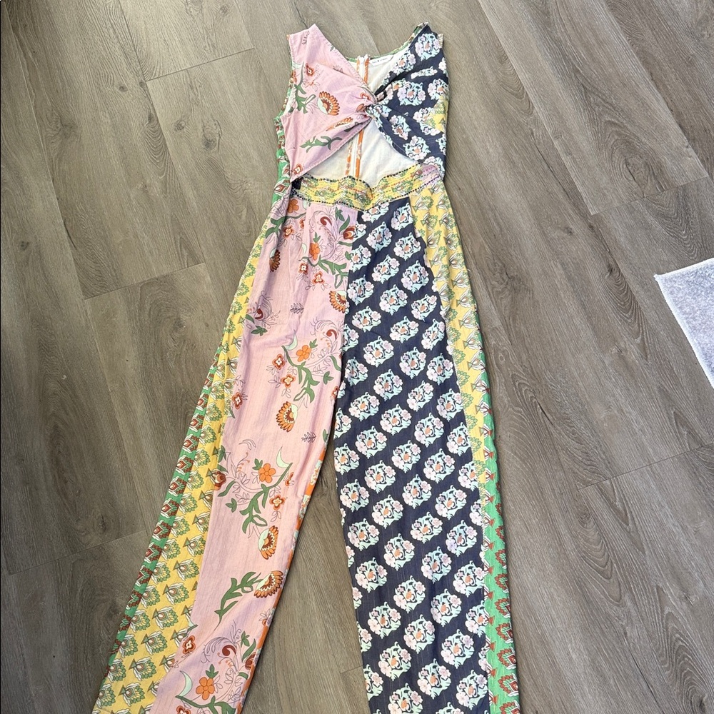 Anthropologie Patchwork Floral Tie-Front Jumpsuit in Pink, Navy & Yellow